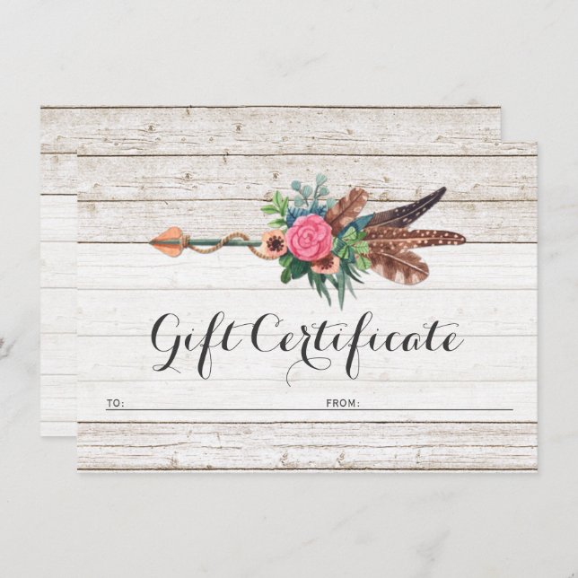 Gift Certificate Bohemian Feather Arrow Rose Card (Front/Back)