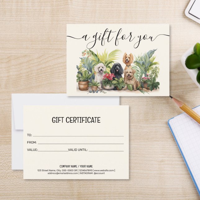 Gift Certificate Dog Grooming Pet Sitting Vet (cute watercolor dogs puppies on the BEIGE background, gift certificate for groomers pet sitting)