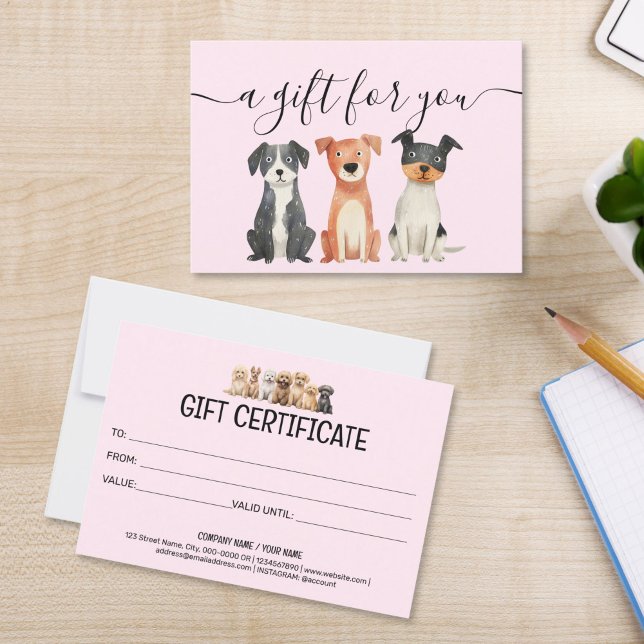 Gift Certificate Dog Grooming Pet Sitting Vet (cute watercolor dogs puppies on the blush pink background, gift certificate for groomers pet sitting)