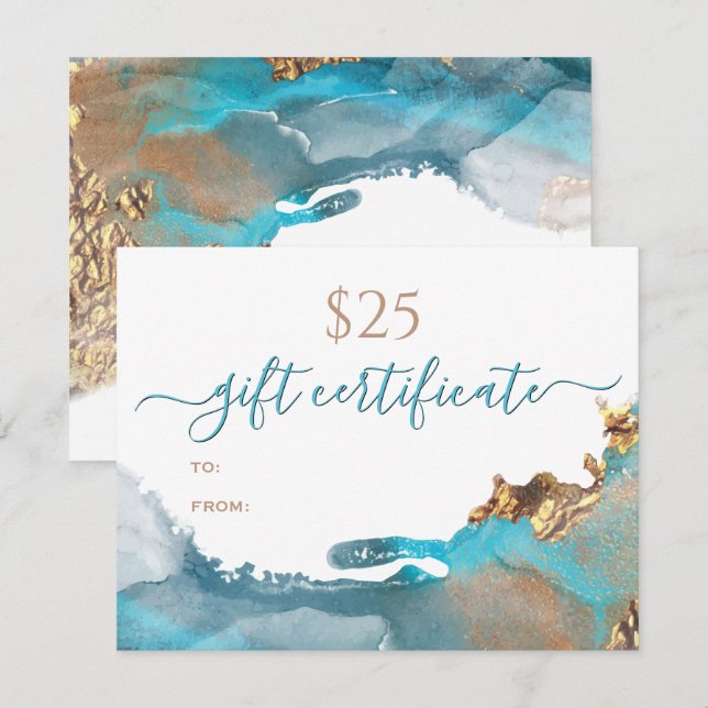 Gift Certificate Elegant Teal Gold Fluid Alcohol (Front/Back)