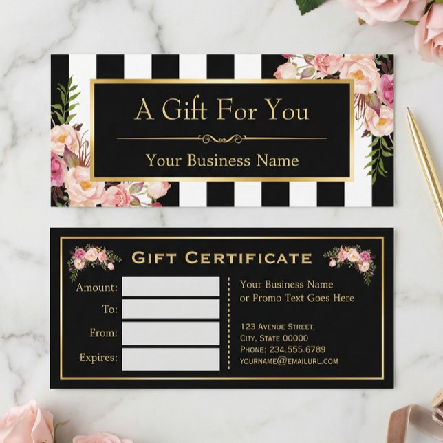 Gift Certificate Gold Floral Black & White Stripes (Creator Uploaded)