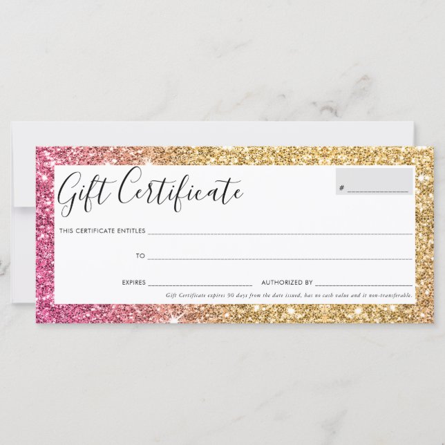 GIFT CERTIFICATE pretty chic glam gold glitter (Front)