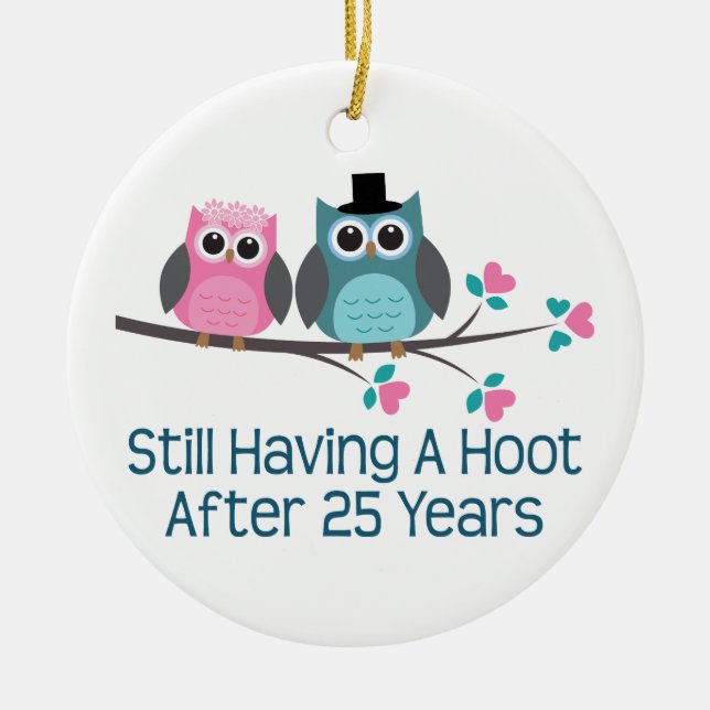 Gift For 25th Wedding Anniversary Hoot Ceramic Tree Decoration (Front)