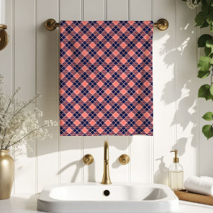 Gift for Birthday Coral Navy Plaid Towel Accent