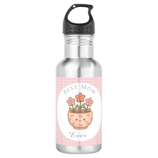 Gift For Mom,Best Mom Ever,Pink Checkered 532 Ml Water Bottle (Front)