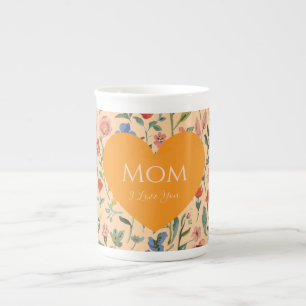 Gift for Mom,I Love You,Flowers Pattern,Love Heart Bone China Mug