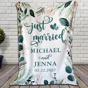 Gift for Newlyweds Greenery Just Married Custom Fleece Blanket