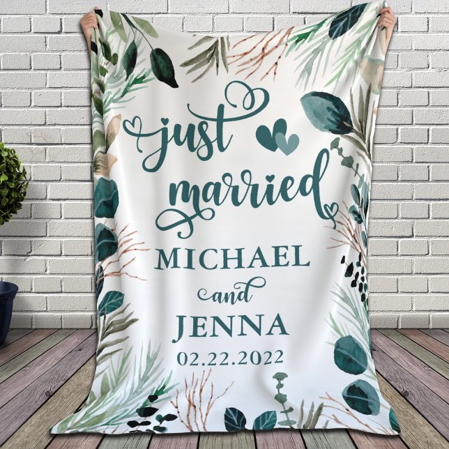 Gift for Newlyweds Greenery Just Married Custom Fleece Blanket (Creator Uploaded)