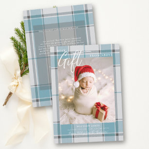 Gift from Above Blue Plaid Modern Baby Christmas Holiday Card