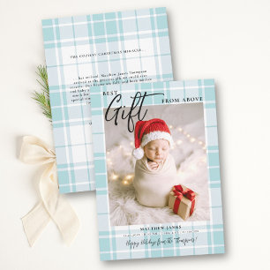Gift from Above Blue Tartan Modern Baby Christmas Holiday Card
