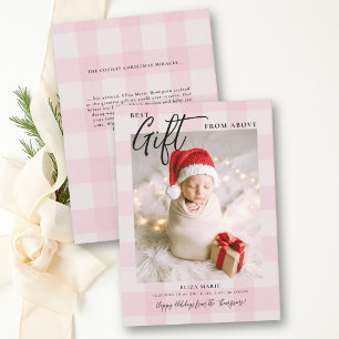 Gift from Above Pink Checks Modern Baby Christmas Holiday Card