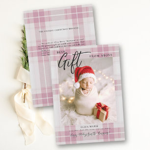 Gift from Above Pink Tartan Modern Baby Christmas Holiday Card