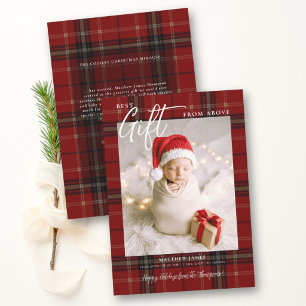 Gift from Above Red Plaid Modern Baby Christmas Holiday Card