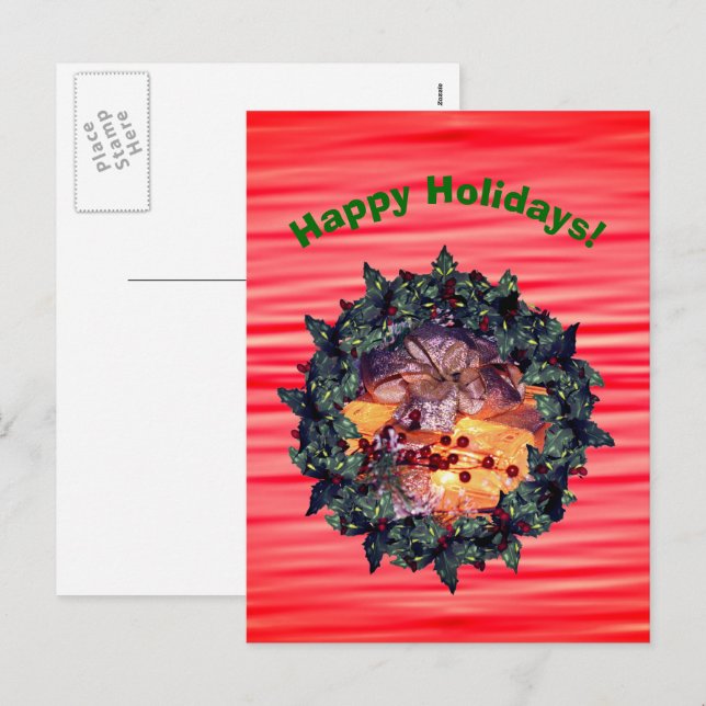 Gift Gold Bow Wreath Christmas Holiday Postcard (Front/Back)
