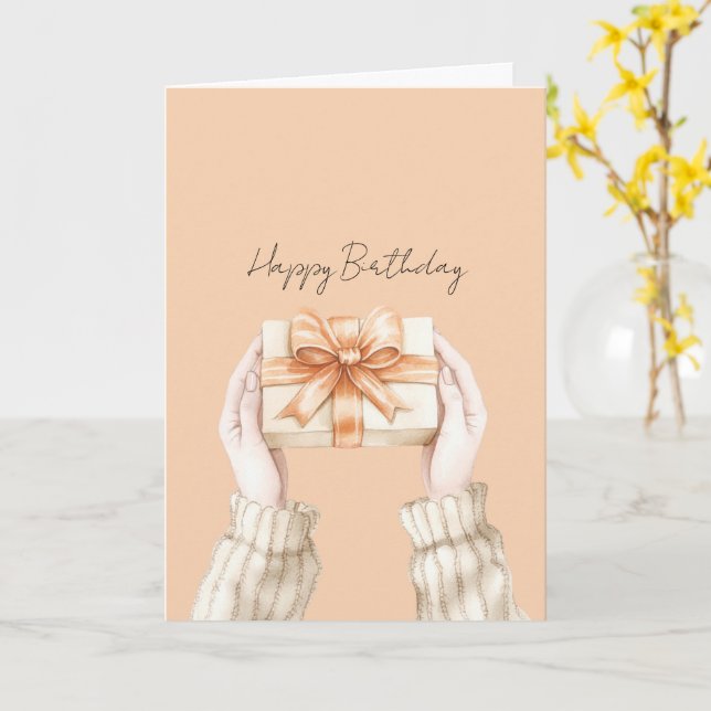Gift Peach Ribbon Bow Birthday Card (Yellow Flower)