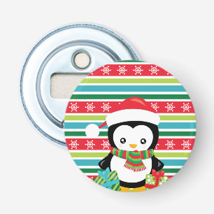 Gift Penguin on striped snowflake background Bottle Opener