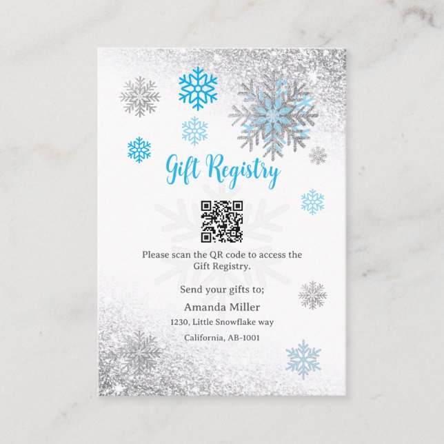 Gift Registry Snowflake Winter Baby Shower QR Code Enclosure Card (Front)