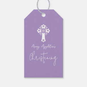 Gift Tag Floral Cross Baptism Lilac