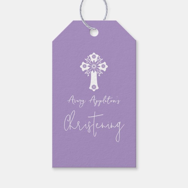 Gift Tag Floral Cross Baptism Lilac (Front)