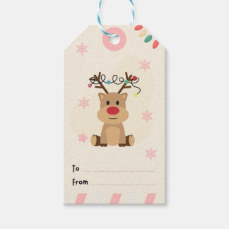 Gift Tag with Cuddly Reno and Christmas Lights