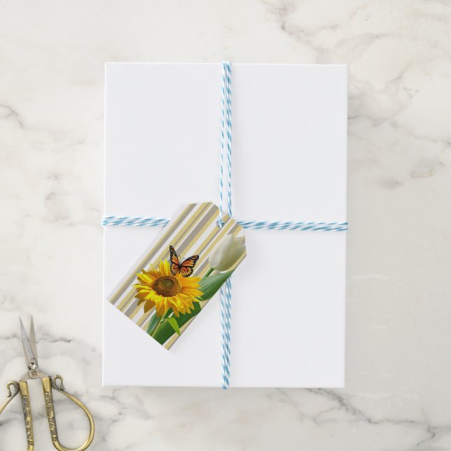 Gift Tags Sunflowers White Tulip Butterfly (With Twine)