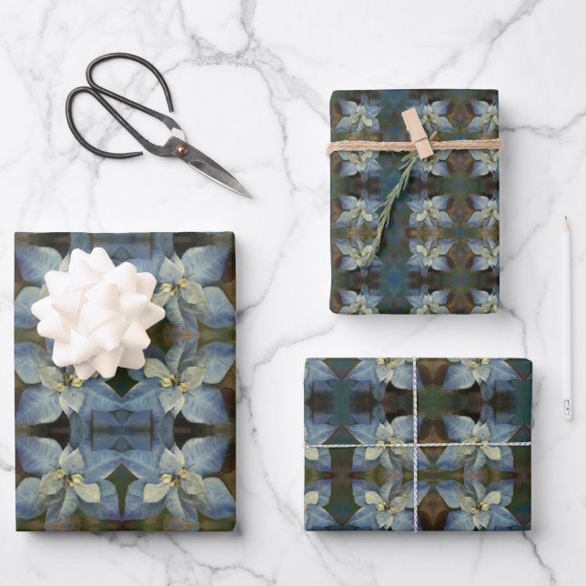 Gift Wrap Paper Blue Poinsettia (Front)