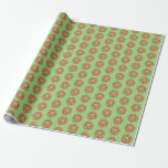Gift Wrap - Red Christmas Wreaths on Green<br><div class="desc">Wreath image of holly and bow is printed in red on light green background. Multiple images are in staggered rows.</div>