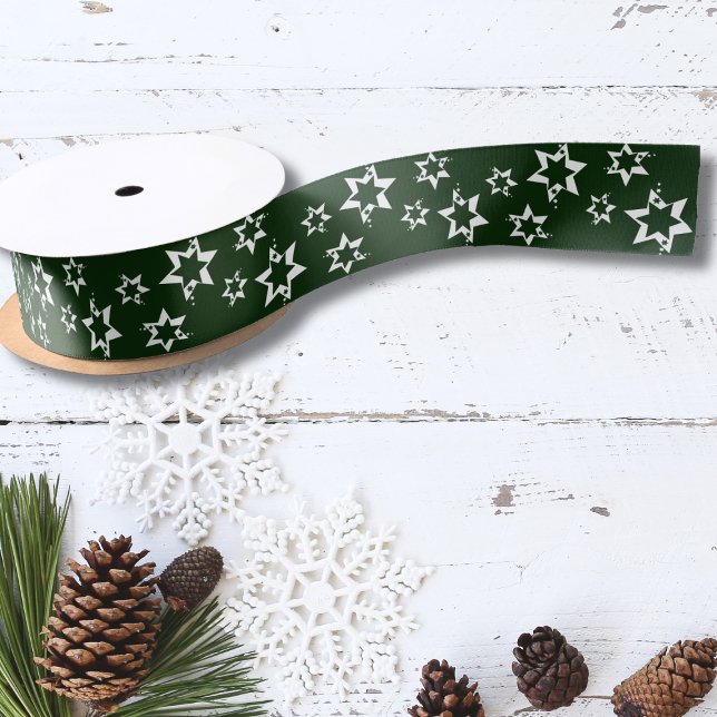 Gift Wrapping Customisable white Stars Green  Satin Ribbon (Creator Uploaded)