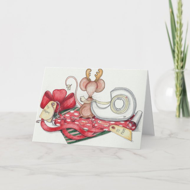 Gift Wrapping Mouse Holiday Card (Front)