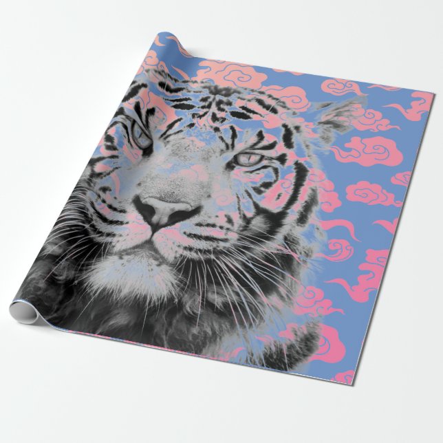 GIFT WRAPPING TIGER WITH PINK JAPANESE CLOUDS PAPER (Unrolled)