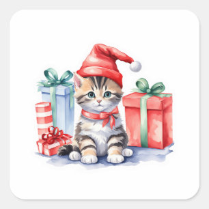 Gifts Brown Tabby Santa Kitten Square Sticker