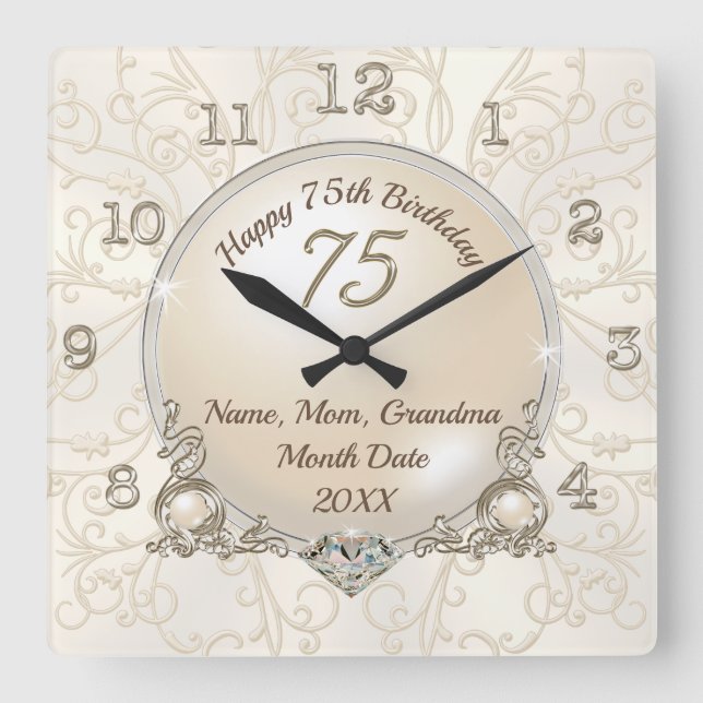 Gifts for 75th Birthday Woman, Mum, Wife, Grandma Square Wall Clock (Front)