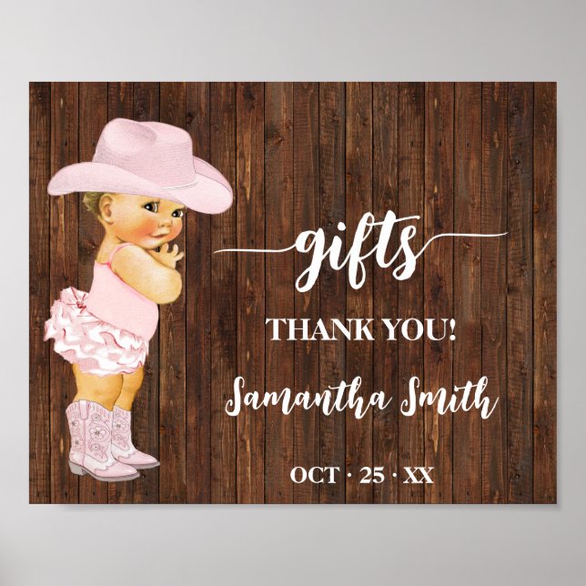 Gifts Little Pink Cowgirl Western Baby Shower Sign (Front)
