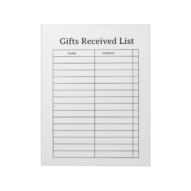 Gifts Received Tracker Notepad (Rotated)