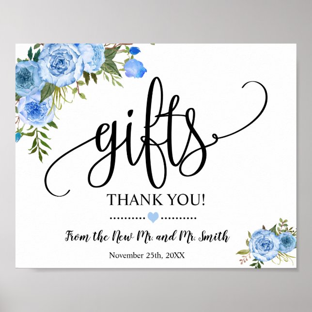 Gifts sign shower wedding reception blue floral (Front)