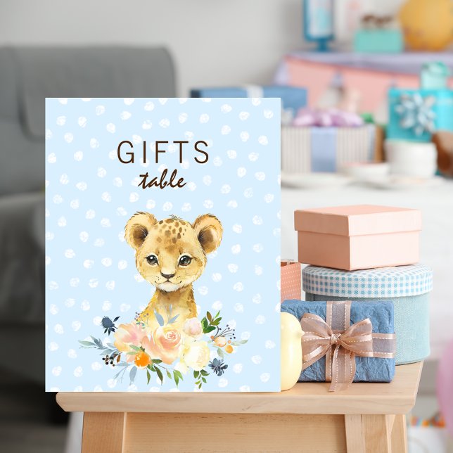 Gifts Table Baby Shower Lion Cub Floral Blue Poster (Creator Uploaded)