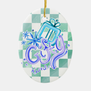 Gifty Time Blue Purple Checkerboard Oval Ceramic Tree Decoration