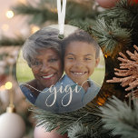 Gigi Grandma Script Overlay Glass Tree Decoration<br><div class="desc">Create a sweet gift for a special grandmother with this beautiful custom ornament. "Gigi" appears as an elegant white script overlay on your favorite photo of grandma and her grandchild or grandchildren.</div>