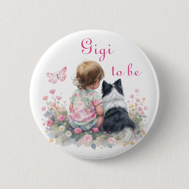Gigi to be | Pink Baby and Puppy Baby Shower 6 Cm Round Badge (Front)