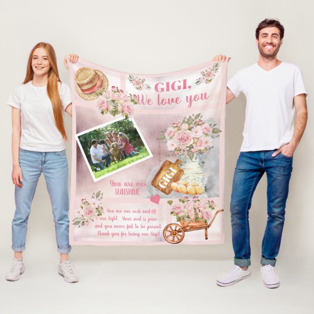 Gigi We Love You Photo Pink Floral | Script Text  Fleece Blanket (In Situ)