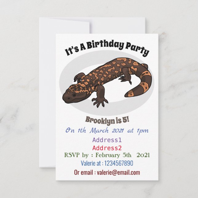 Gila monster cartoon illustration invitation (Front)