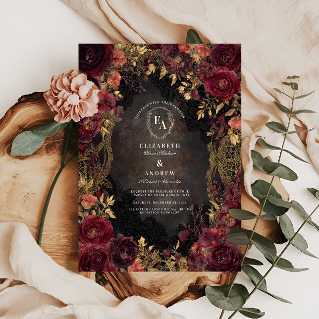 Gilded Antique Frame with Burgundy Blooms Invitation (Creator Uploaded)