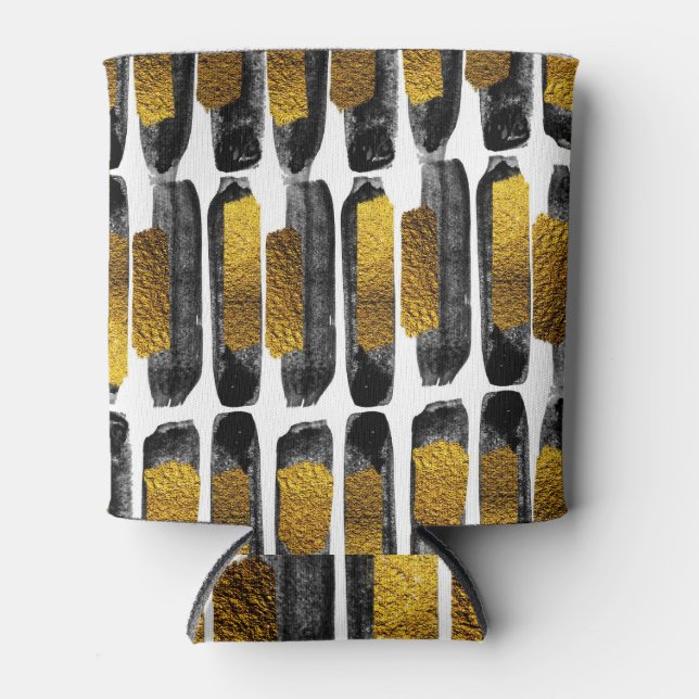 Gilded Artistry: Black & Gold Abstract Can Cooler (Front)
