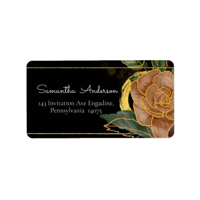 Gilded Black & Gold  Floral design  Address  Label (Front)