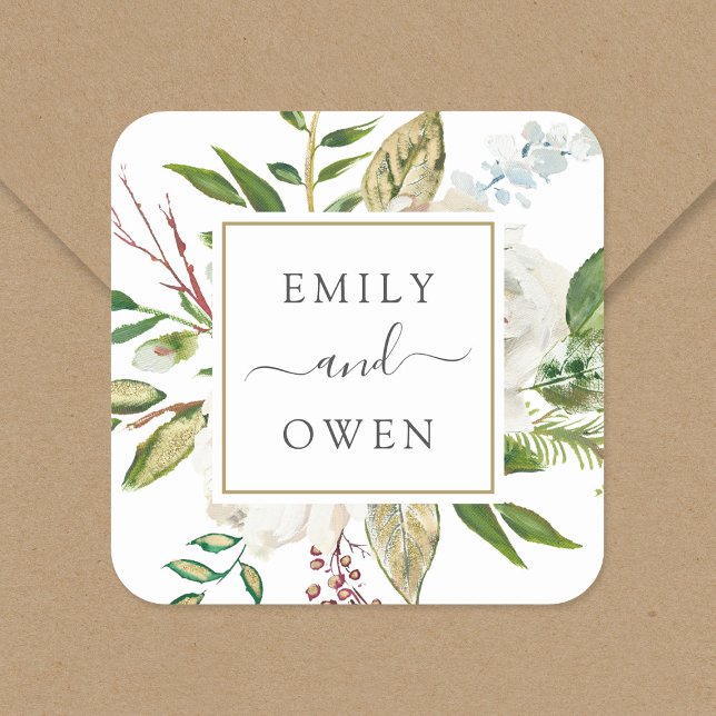 Gilded Blooms Floral Wreath Wedding Monogram Square Sticker (Creator Uploaded)