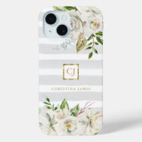 Gilded Blooms | Grey Stripes Floral Monogram