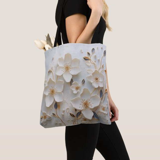 Gilded Blooms: White Tote with Elegant Floral Desi (Close Up)
