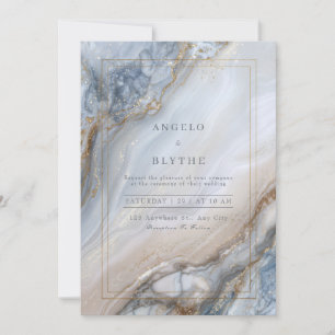Gilded Blue Marble Agate Swirl Wedding Invitation