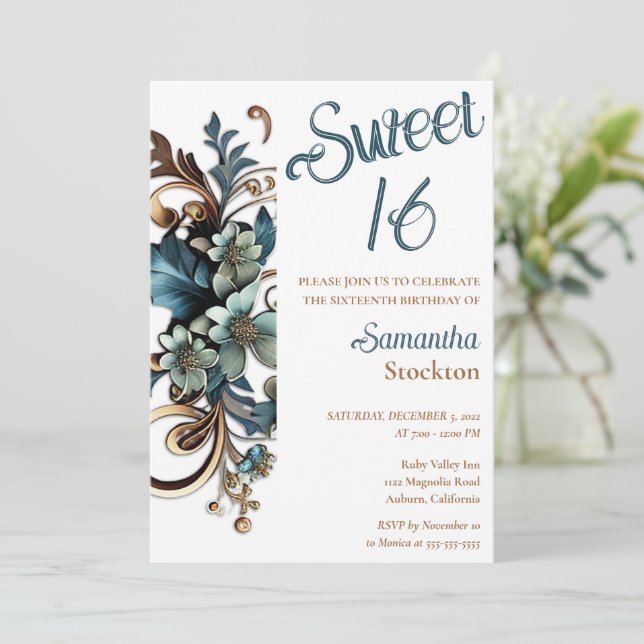 Gilded Botanical Border Sweet 16 Invitation (Standing Front)