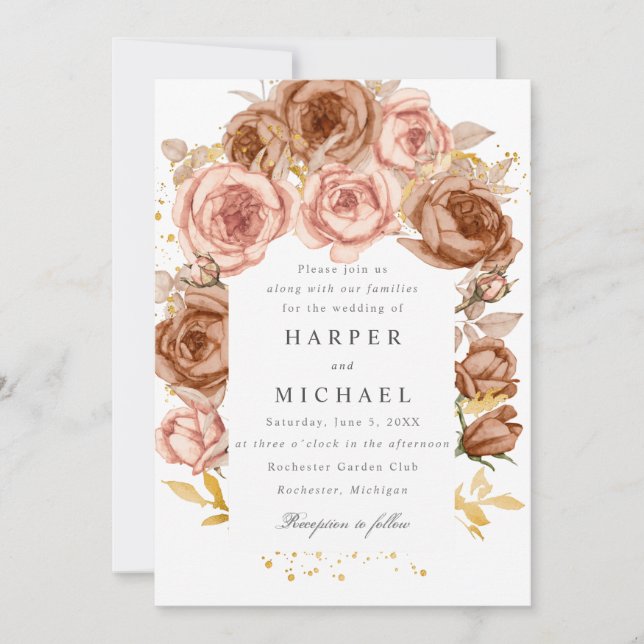 gilded brown blush pink roses wedding invitation (Front)